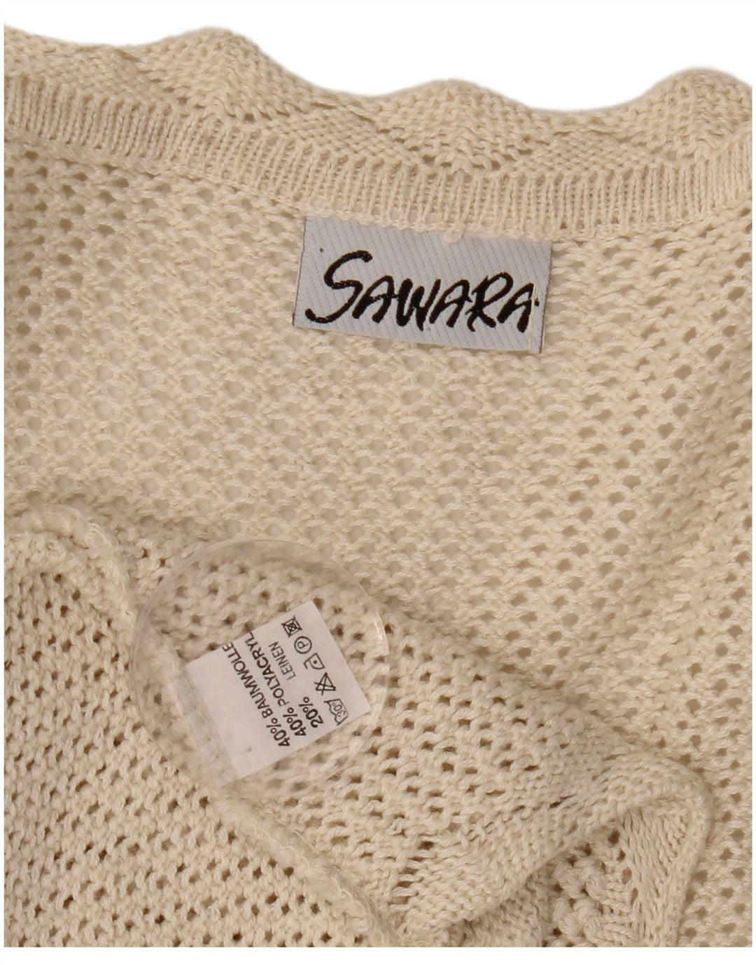 VINTAGE damski sweter bez rękawów, szydełkowany, szydełkowy, UK 14, duży, beżowy