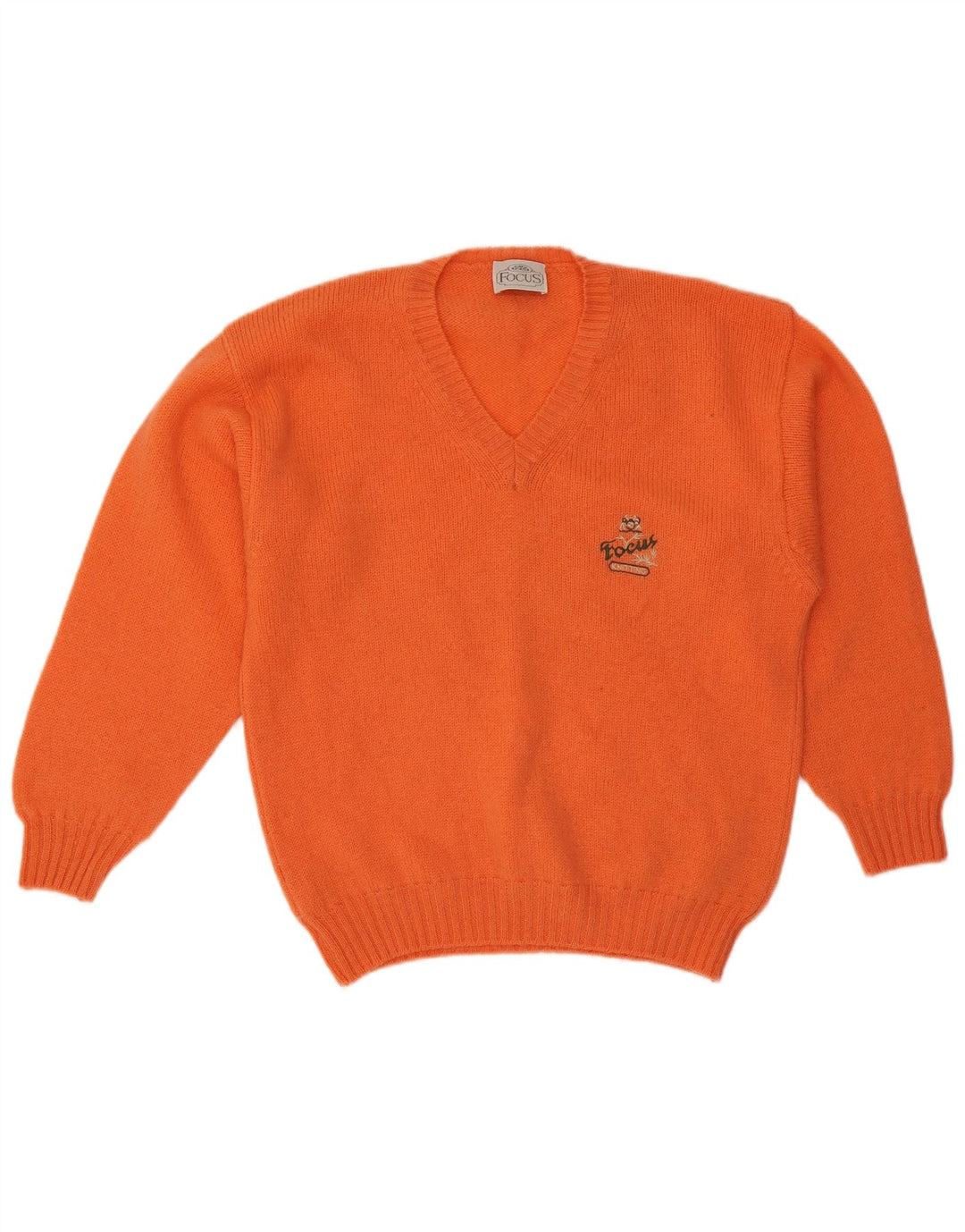 Sweter męski w stylu vintage z dekoltem w szpic, duży, pomarańczowy, wełniany