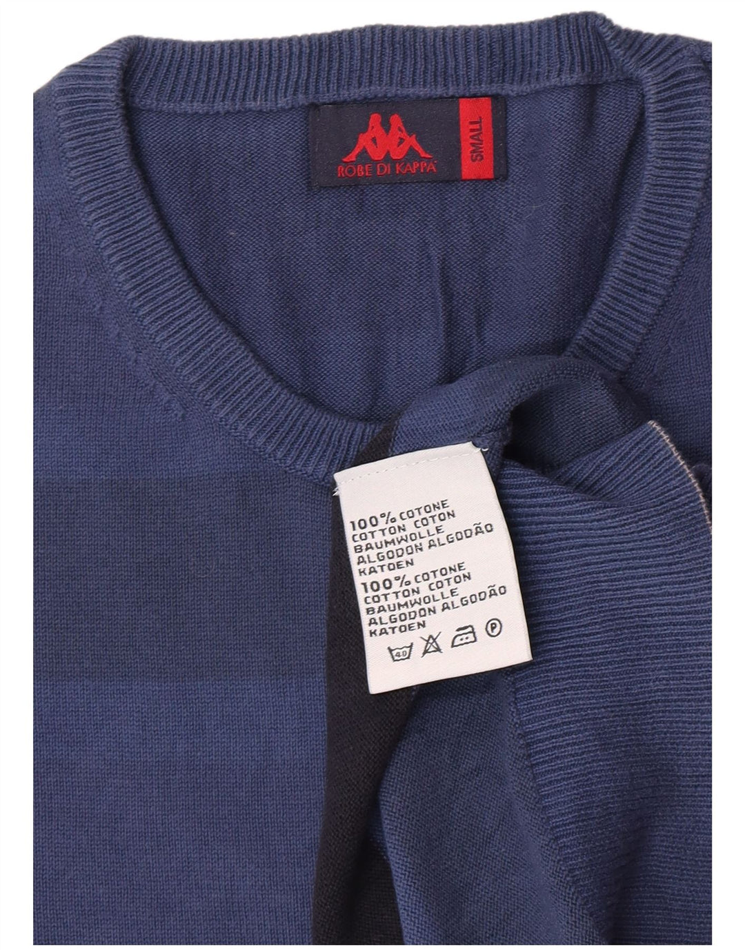 Męski sweter Kappa z okrągłym dekoltem, małe, bawełniane paski w niebieskie paski