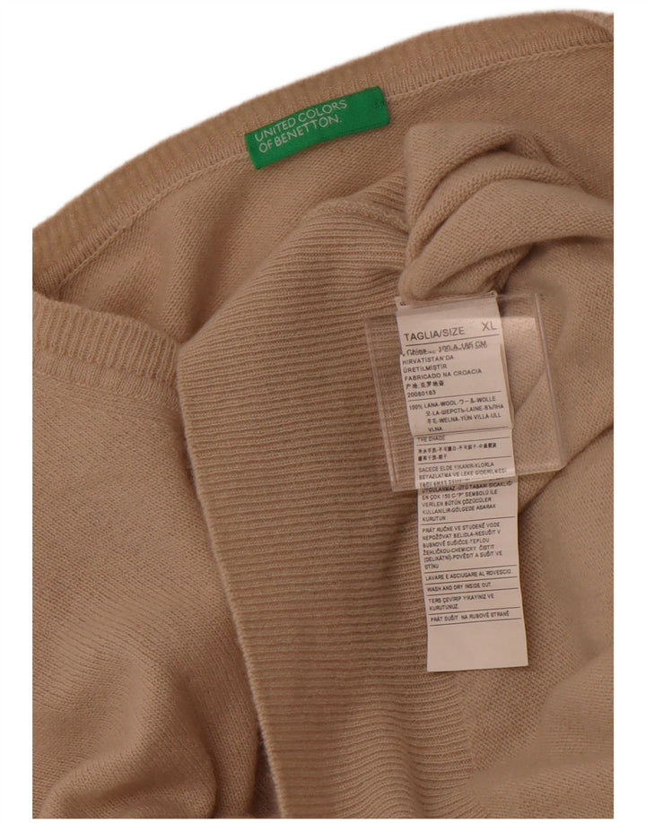 BENETTON Męski sweter z dekoltem w kształcie litery V XL, beżowa wełna
