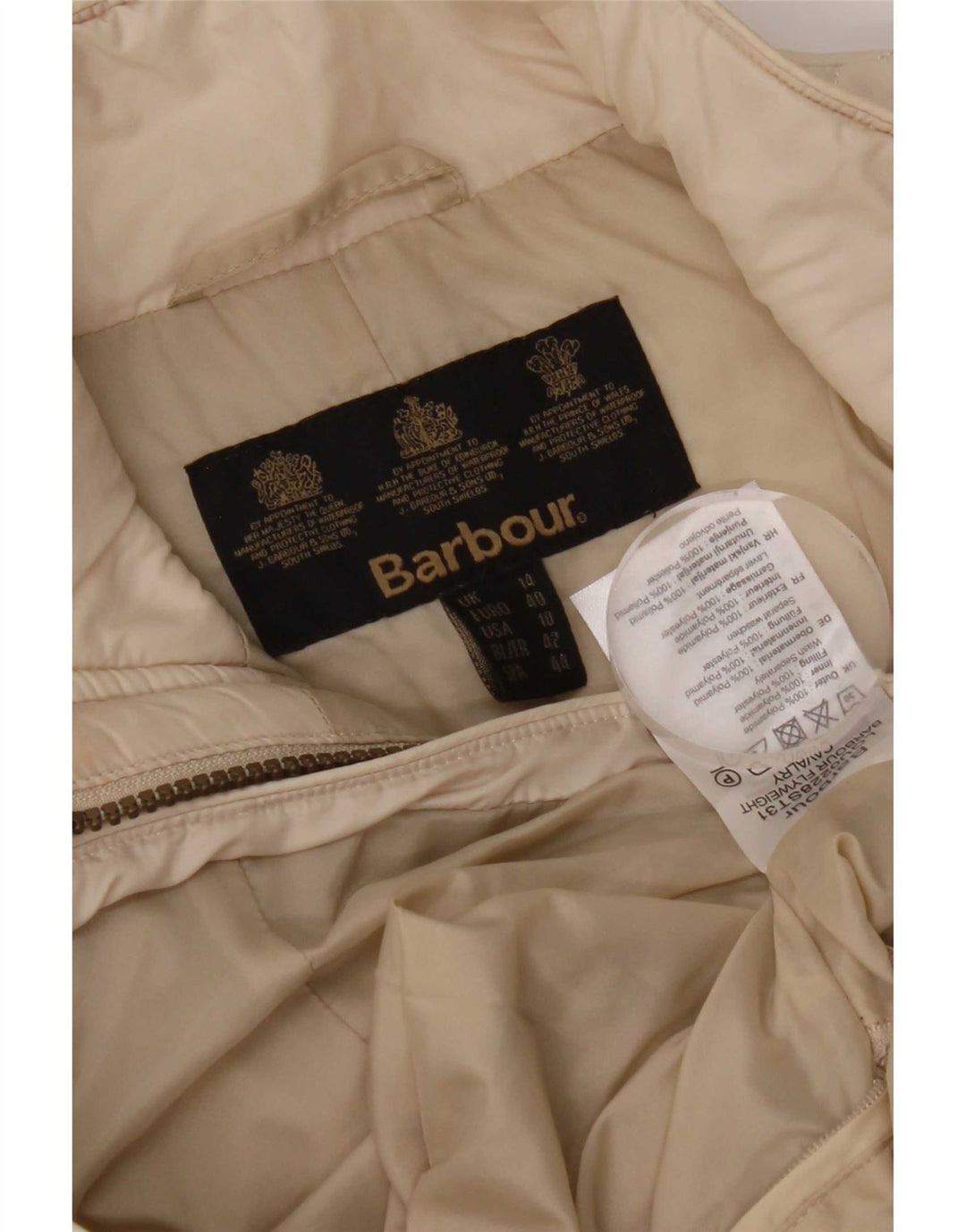 Damska pikowana kurtka Barbour UK 14, duża, beżowa, nylonowa