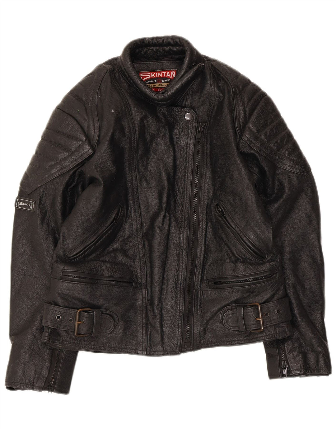 SKINTAN Damska skórzana kurtka racer UK 10, mała czarna skóra