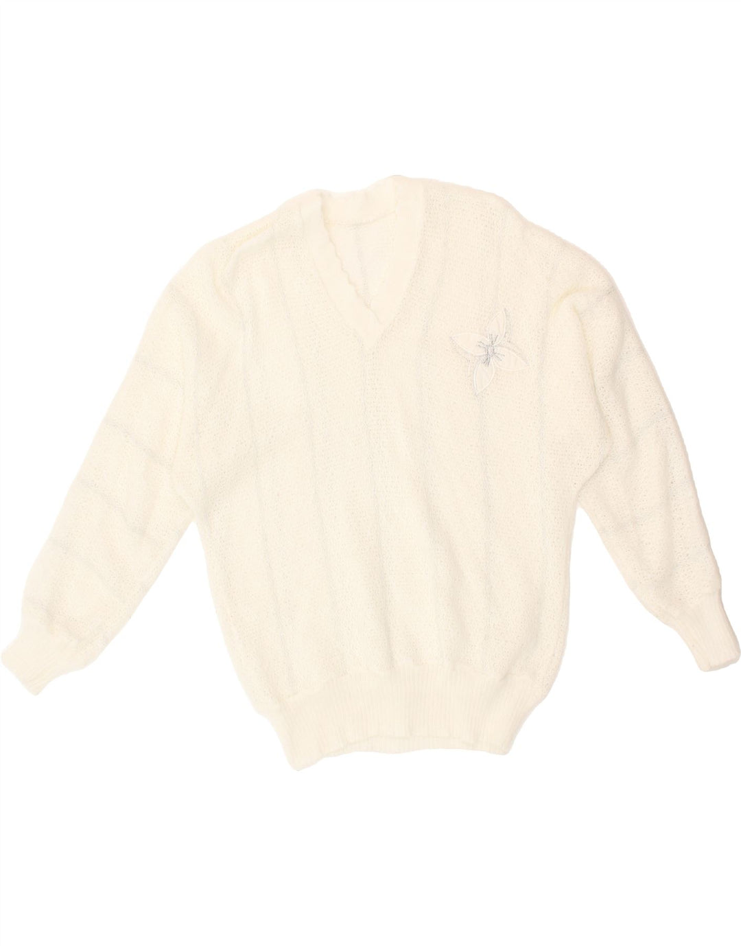 VINTAGE Womens V-Neck Jumper Sweater UK 14 Medium White Striped Vintage Vintage and Second-Hand Vintage from Messina Hembry 