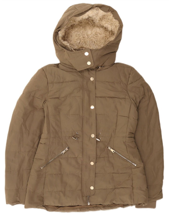 Damska kurtka z kapturem i wyściełaną tkaniną Sherpa Zara UK 10, mała, khaki, poliester