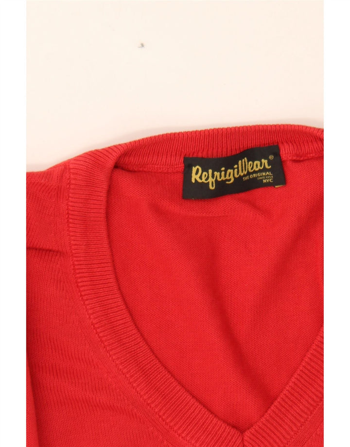 REFRIGIWEAR Mens V-Neck Jumper Sweater Large Red Cotton Vintage Refrigiwear and Second-Hand Refrigiwear from Messina Hembry 