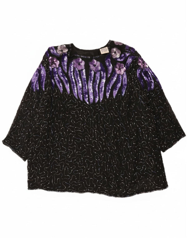 Vintage damska wieczorowa cekinowa bluzka z rękawem 3/4 Top EU 52 2XL czarna w kwiaty