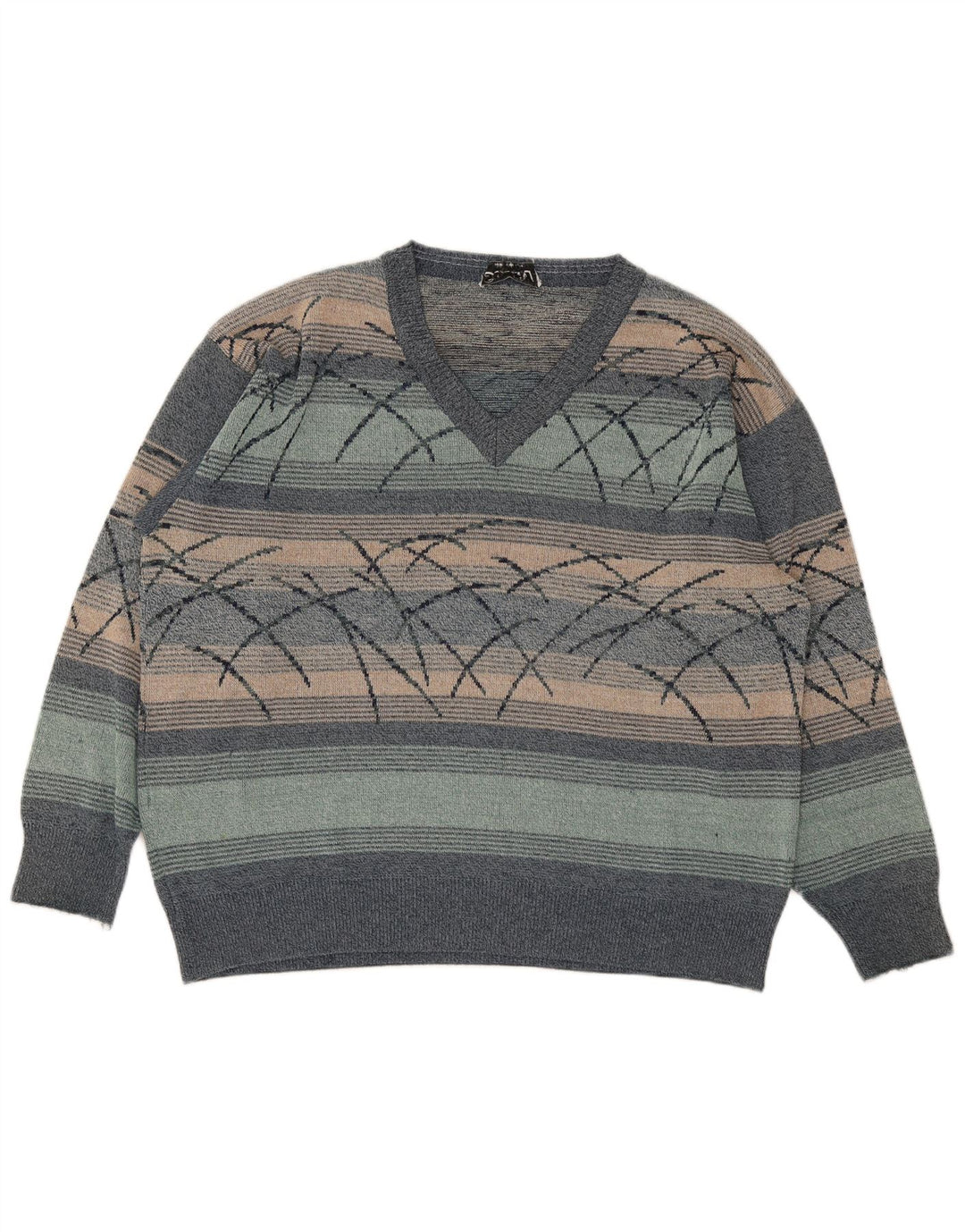 Vintage męski sweter z dekoltem w kształcie litery V, XL, wielokolorowe paski