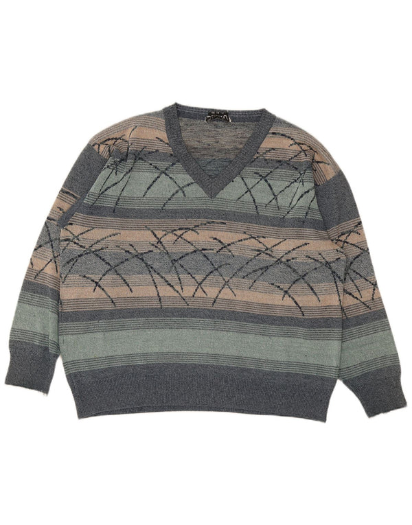 Vintage męski sweter z dekoltem w kształcie litery V, XL, wielokolorowe paski