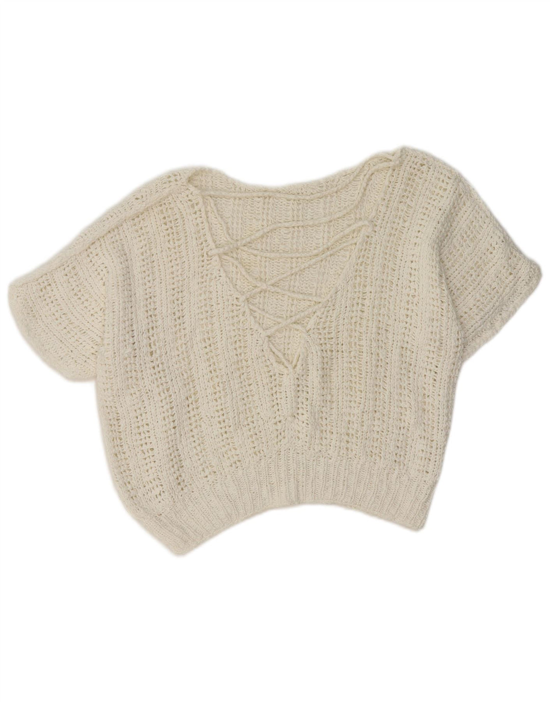 Vintage damski sweter z krótkim rękawem i dekoltem w kształcie litery V, UK 14, średni biały