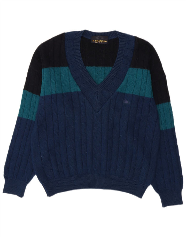 IL GRANCHIO Mens V-Neck Jumper Sweater Small Navy Blue Colourblock