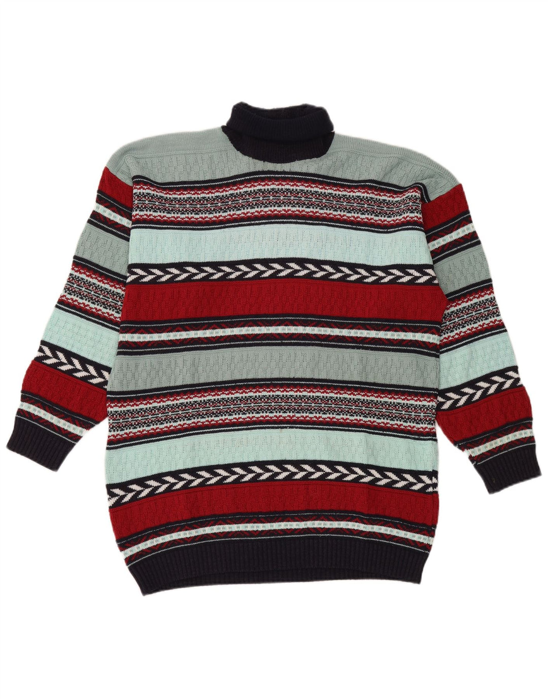 Vintage męski sweter z wywijanym dekoltem, duży, wielokolorowy wełniany pasek