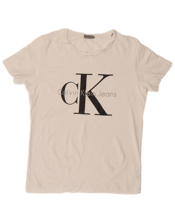 CALVIN KLEIN JEANS Męski T-shirt z grafiką, duży, biały, bawełniany