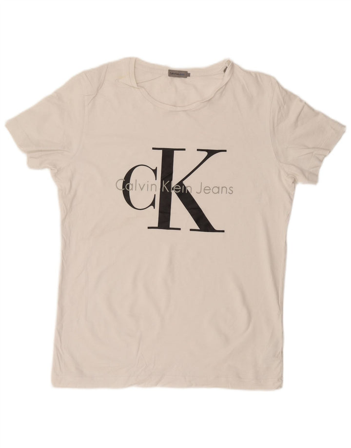 CALVIN KLEIN JEANS Męski T-shirt z grafiką, duży, biały, bawełniany