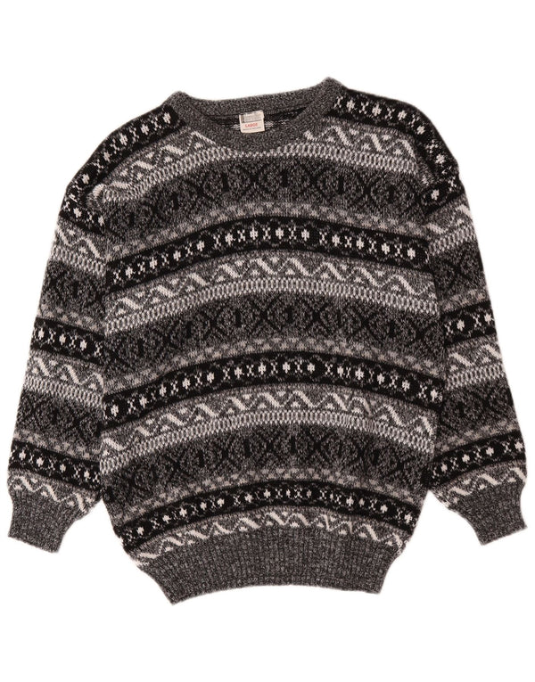Sweter damski w stylu vintage z dekoltem w łódkę UK 16, duży, szary, akrylowy Fair Isle