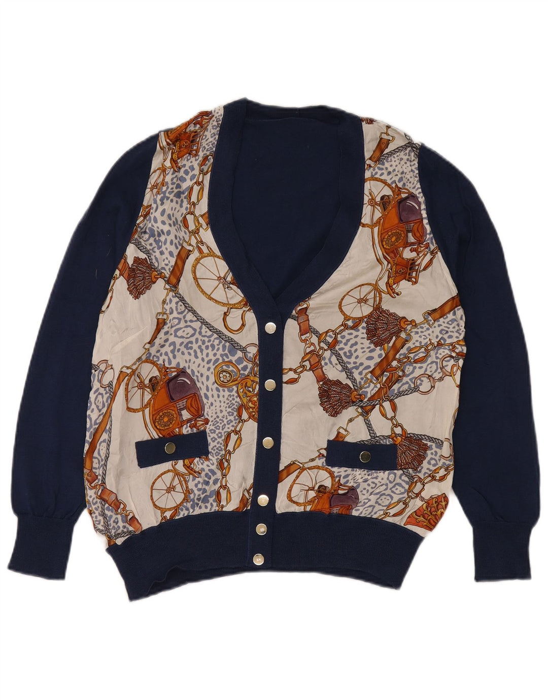 Vintage damski sweter rozpinany w abstrakcyjny wzór UK 16, duży granatowy