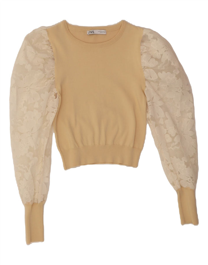 ZARA Womens Long Sleeve Blouse Top UK 12 Medium Beige Floral Vintage Zara and Second-Hand Zara from Messina Hembry 