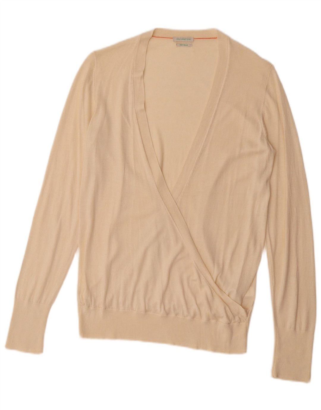 BENETTON Womens V-Neck Jumper Sweater UK 12 Medium Beige Viscose