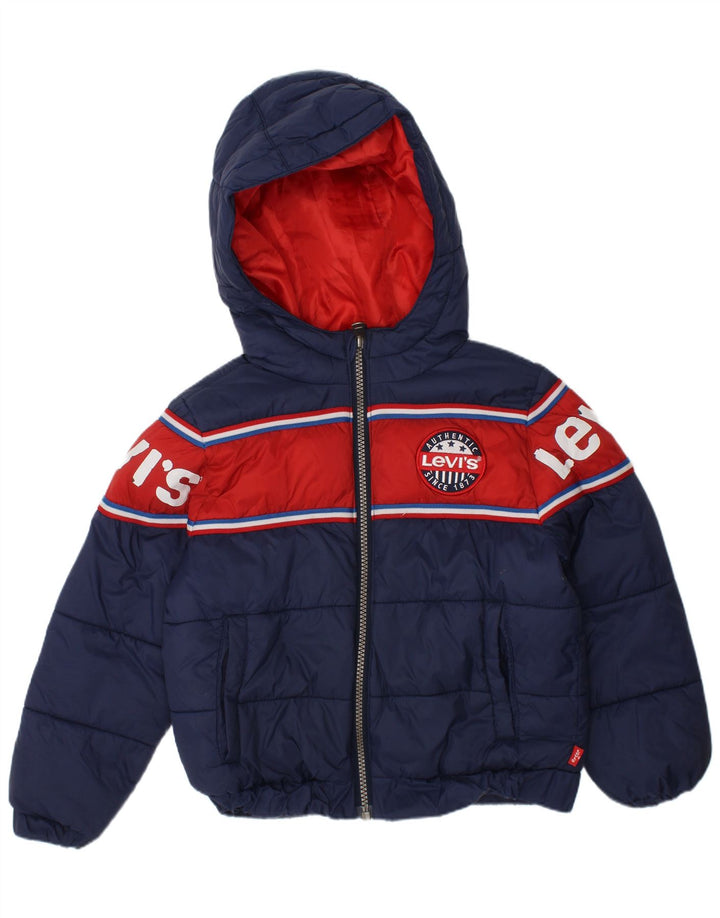 LEVI'S Boys Graphic Hooded Padded Jacket 3-4 Years Navy Blue Colourblock