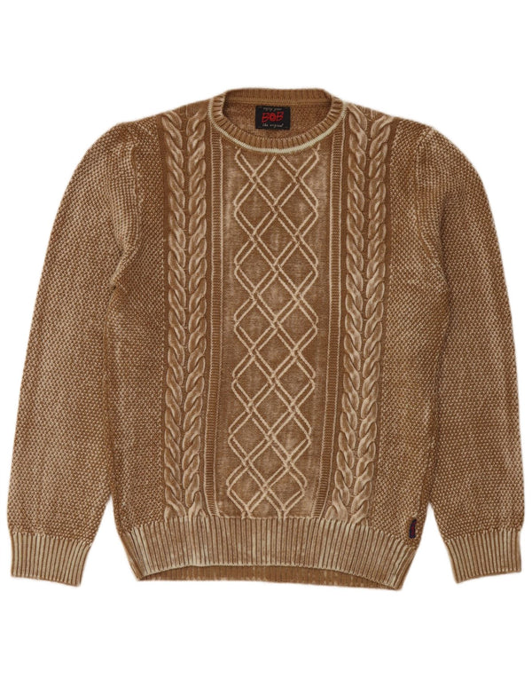 Męski sweter w stylu vintage z okrągłym dekoltem, duży, brązowy, geometryczny, z dziewiczej wełny