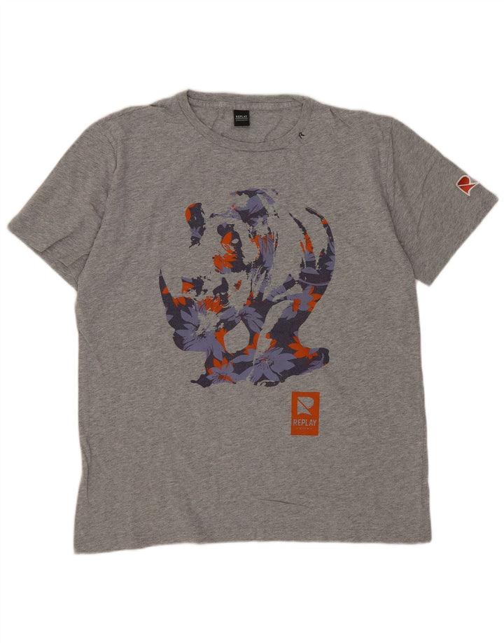 Damska koszulka z grafiką REPLAY Top UK 16, duża, szara