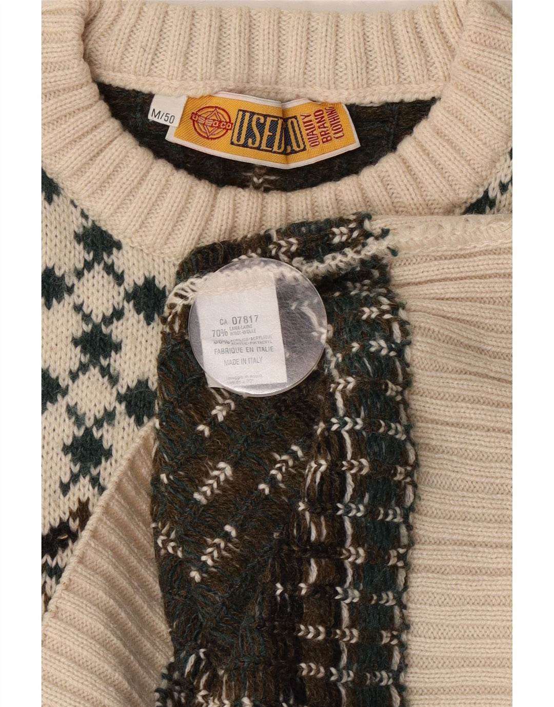 Vintage męski sweter z okrągłym dekoltem IT 50 średni biały Fair Isle Wool
