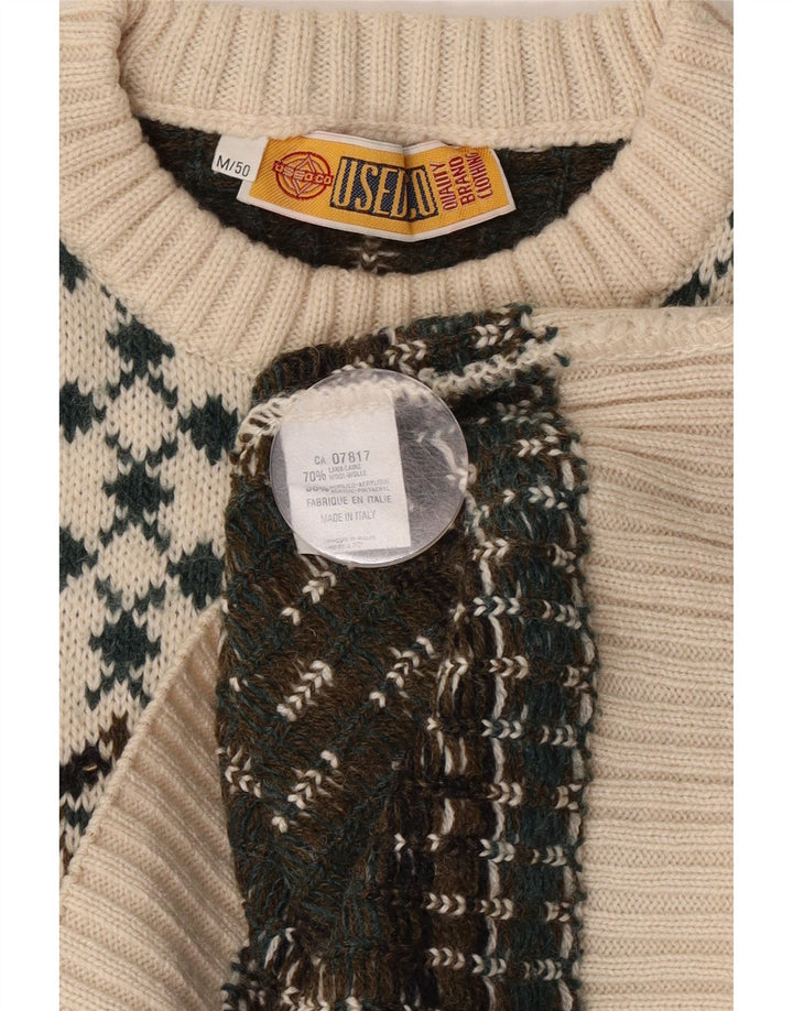 Vintage męski sweter z okrągłym dekoltem IT 50 średni biały Fair Isle Wool