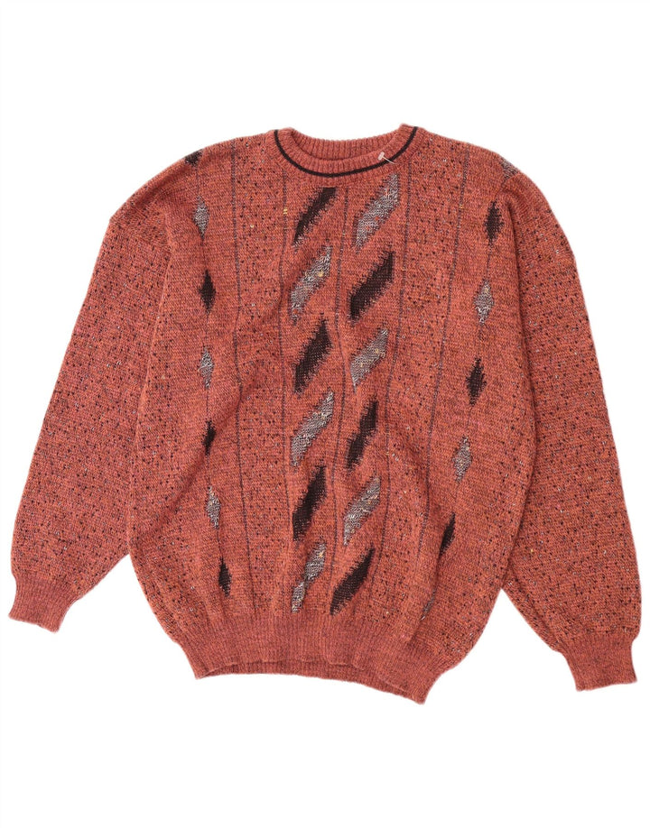 Męski sweter z okrągłym dekoltem w stylu vintage IT 50 Średni brązowy, geometryczny wełniany