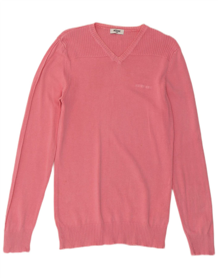 MOSCHINO Męski sweter z dekoltem w kształcie litery V, mały, różowy, bawełniany