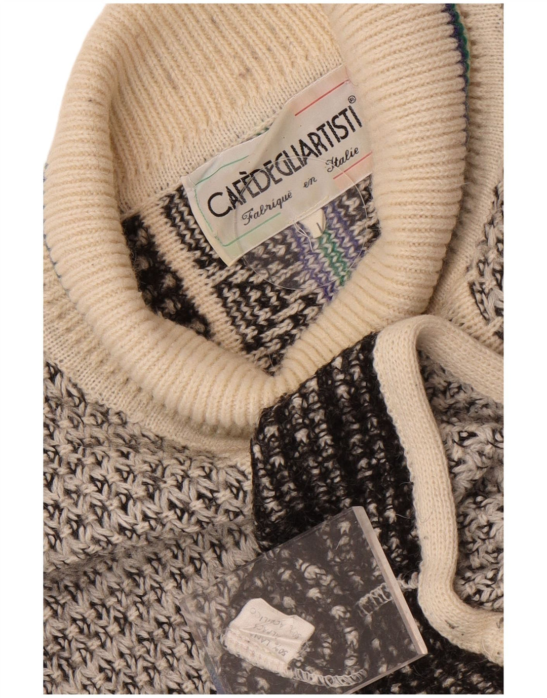 Vintage męski sweter z wywijanym dekoltem, duży szary, geometryczny wełniany