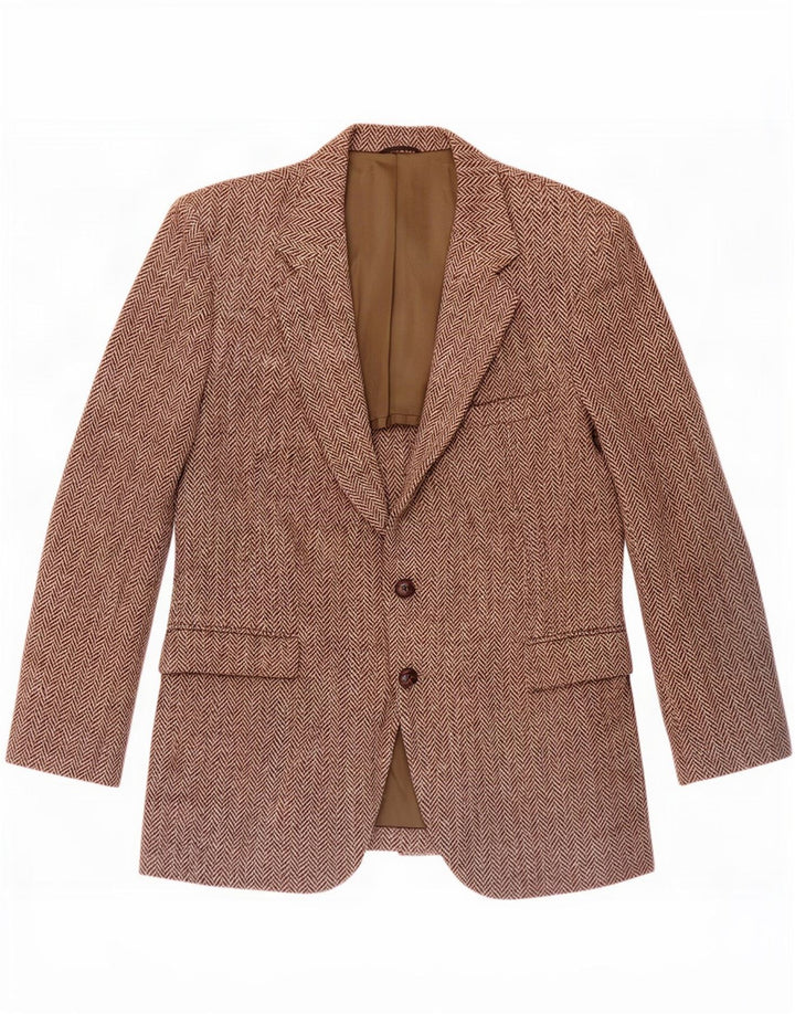 Męska marynarka zapinana na 2 guziki Harris Tweed UK 44 Duża brązowa wełna w jodełkę