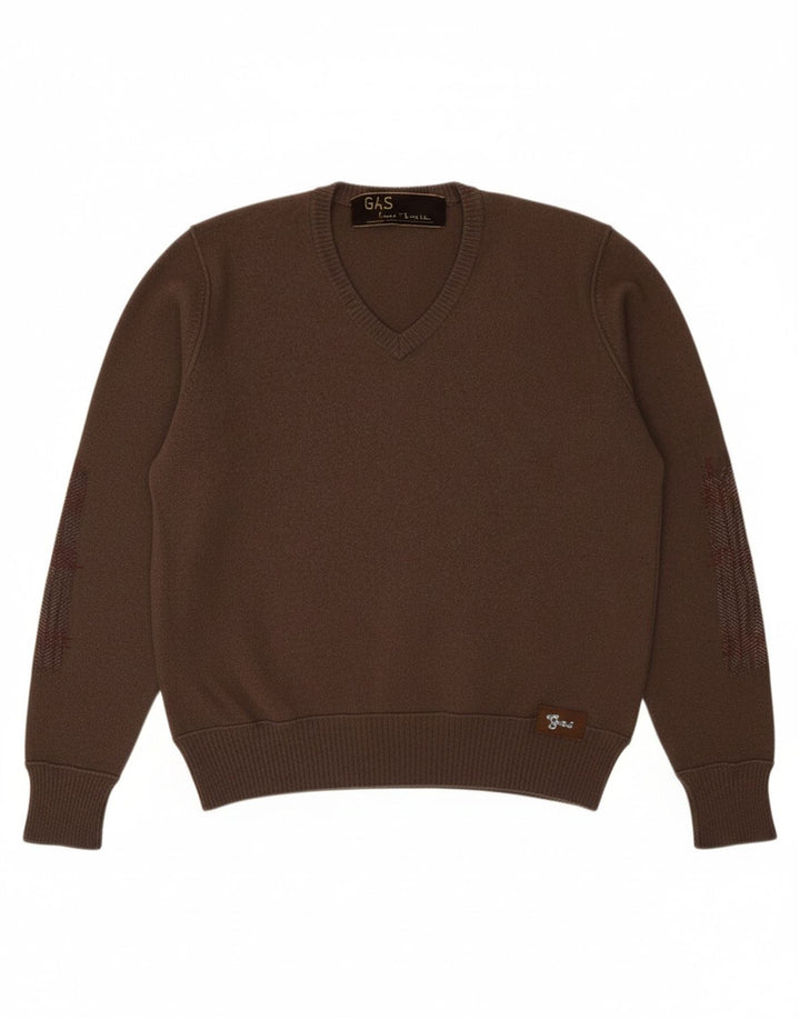 GAS Womens V-Neck Jumper Sweater UK 14 Medium Brown Wool