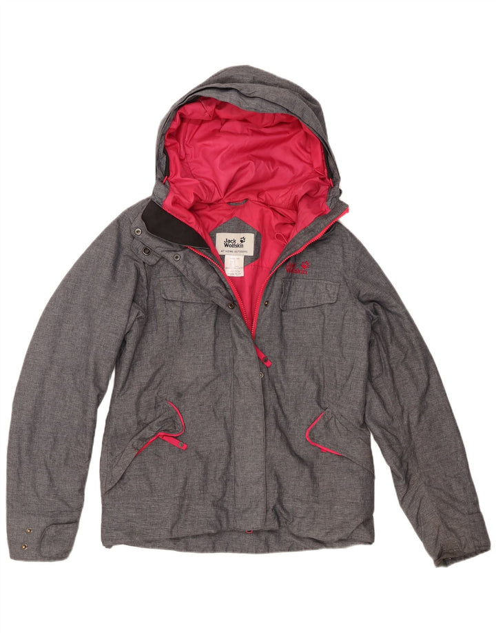 Damska kurtka wiatrówka z kapturem Jack Wolfskin UK 10, mała, szary poliester