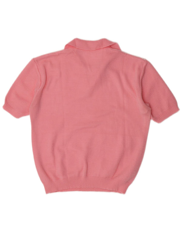 Vintage damski sweter polo UK 12 średni różowy kwiatowy retro