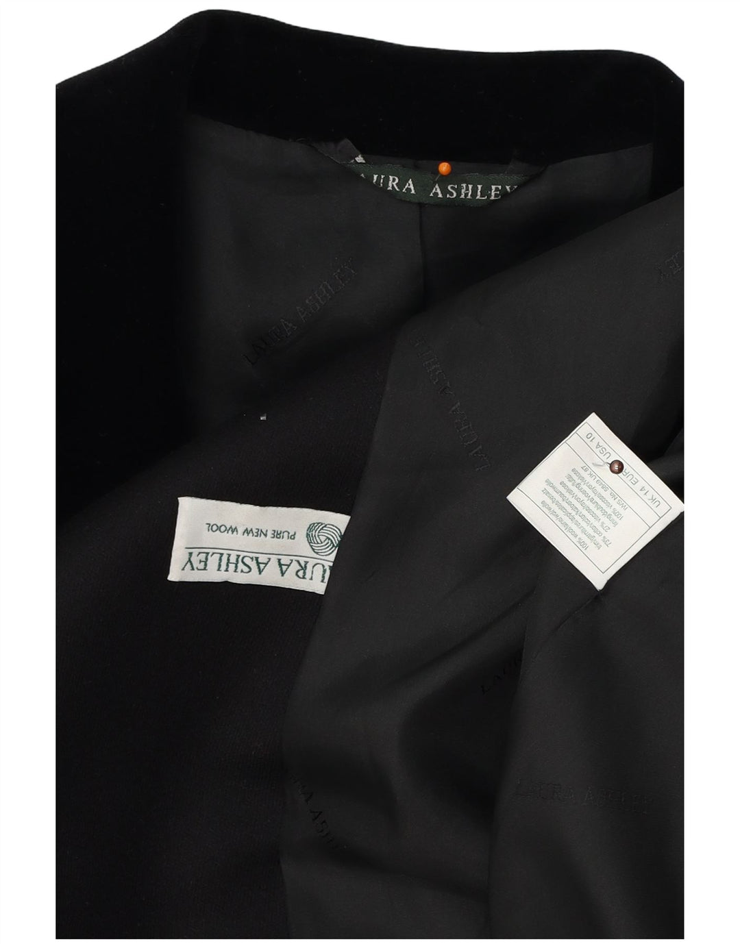 LAURA ASHLEY Damska marynarka o przedłużonym fasonie, zapinana na 4 guziki, UK 14, duża, czarna wełna