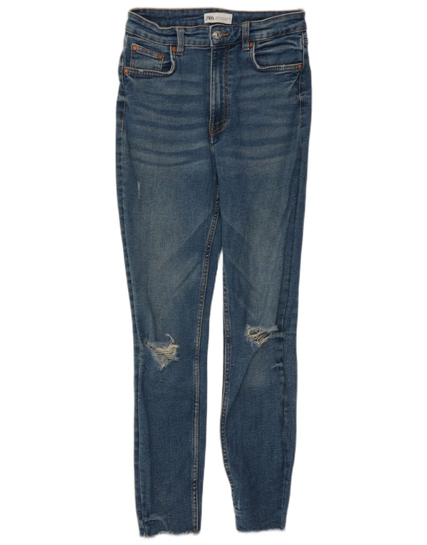 Damskie jeansy rurkowe Zara z wysokim stanem, w trudnej sytuacji, EU 38, małe, W28 L27, niebieskie