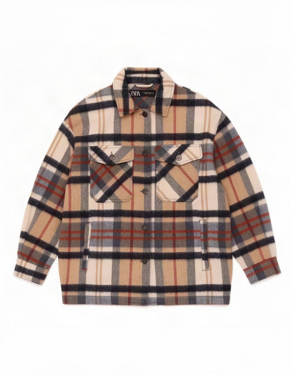 Damska koszula flanelowa Zara Shacket Oversize UK 10 w małą beżową kratę, akryl