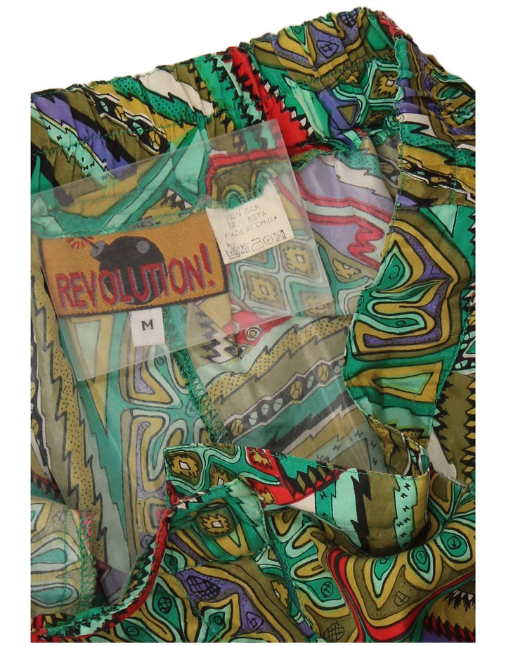 Vintage damskie spodenki z szerokimi nogawkami, średnie W28, zielony patchworkowy jedwab