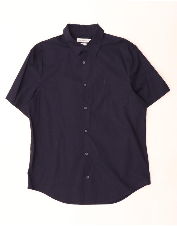 Męska koszula slim fit z krótkim rękawem Calvin Klein, średnia, granatowa, bawełniana