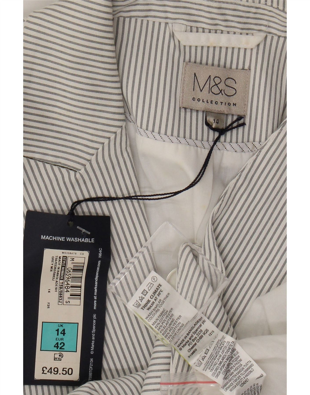 Marks & Spencer Damska marynarka zapinana na 1 guzik UK 14, duża, szara w prążki