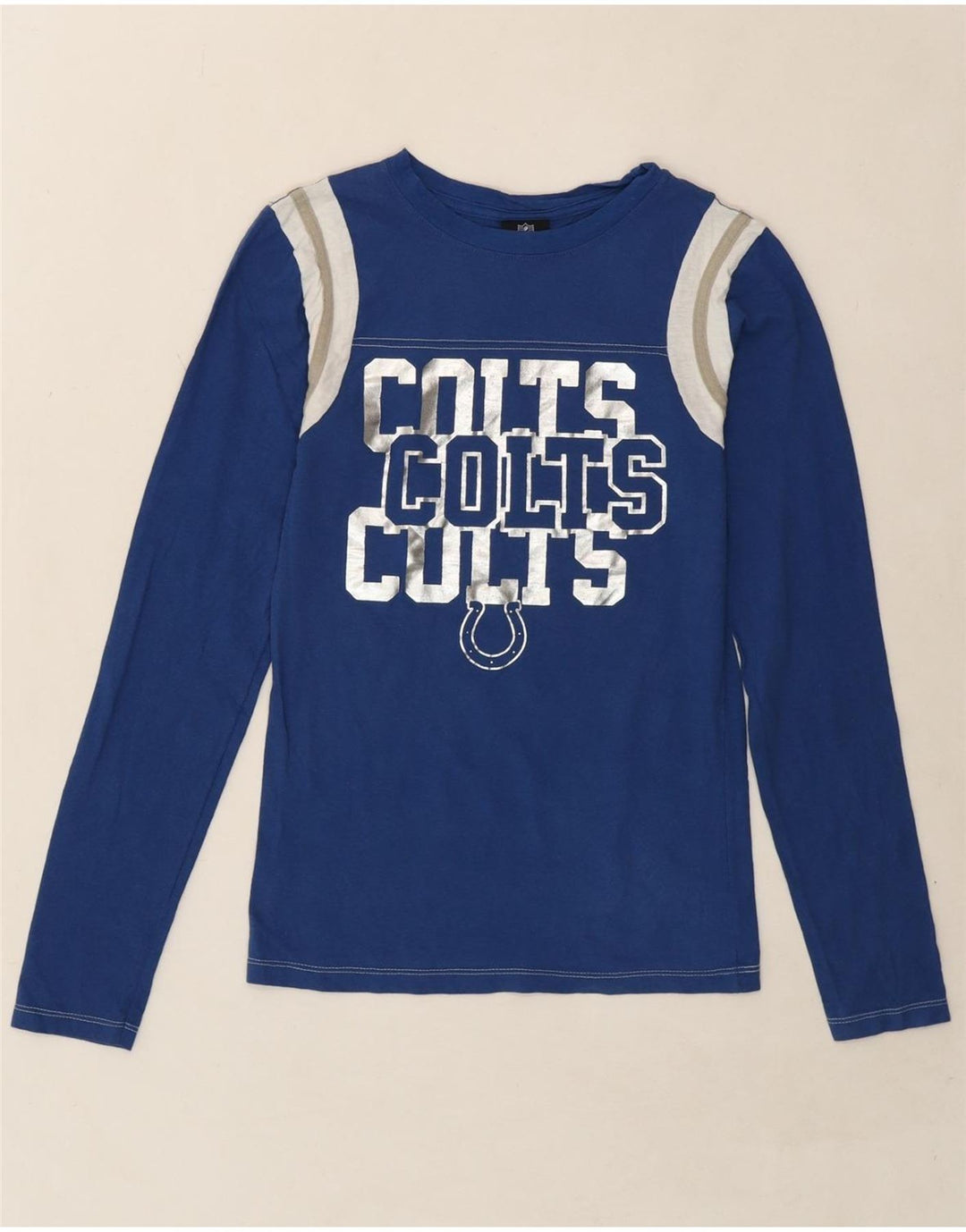 NFL Womens Colts Graphic Top Long Sleeve UK 10 Small Blue Colourblock Vintage NFL and Second-Hand NFL from Messina Hembry 