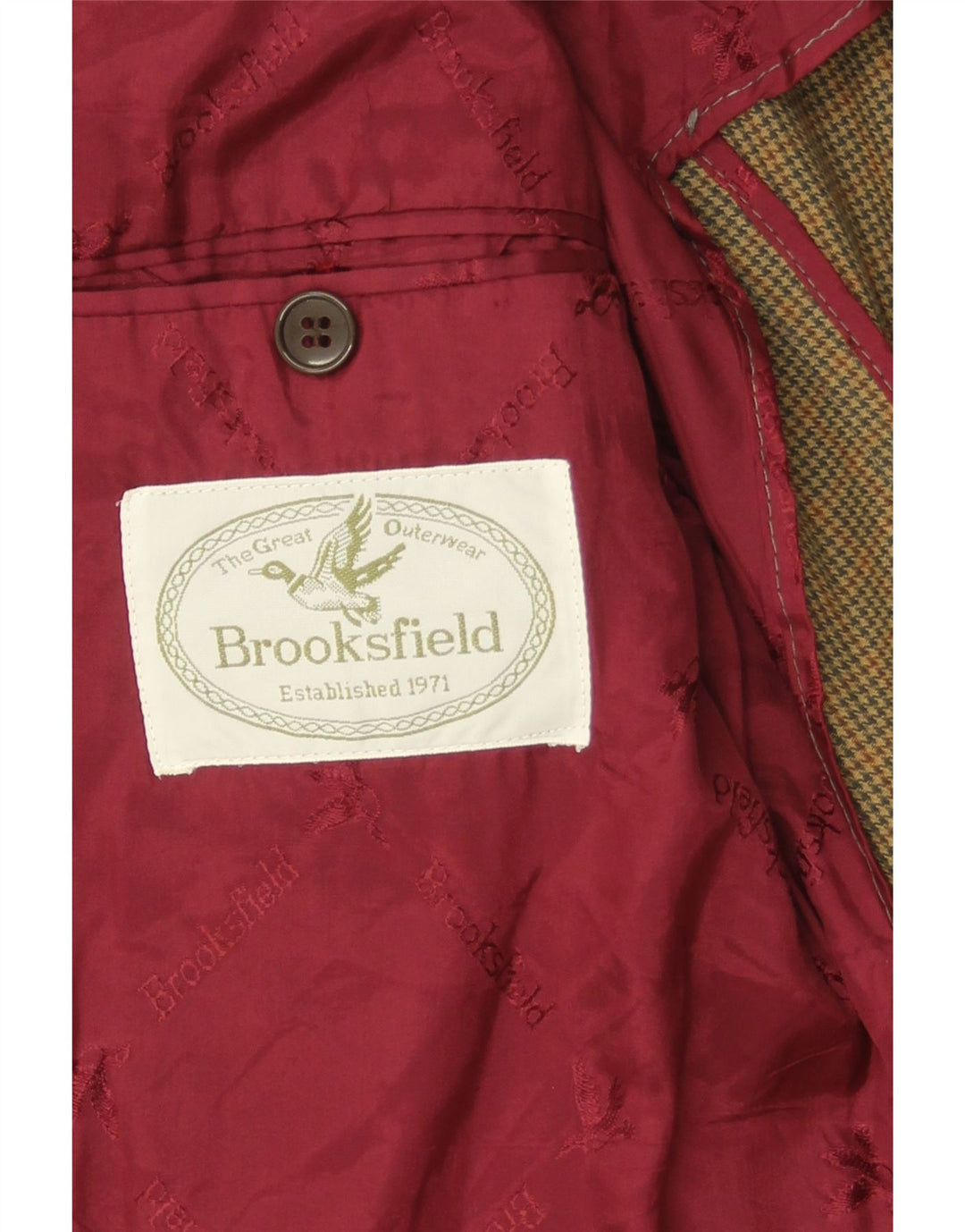 BROOKSFIELD Mens 2 Button Blazer Jacket UK 38 Medium Brown Houndstooth Vintage Brooksfield and Second-Hand Brooksfield from Messina Hembry 