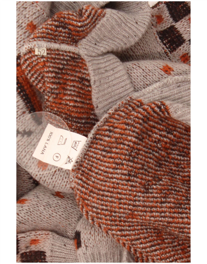 Męski sweter z okrągłym dekoltem w stylu vintage IT 52, duża, szara, geometryczna wełna