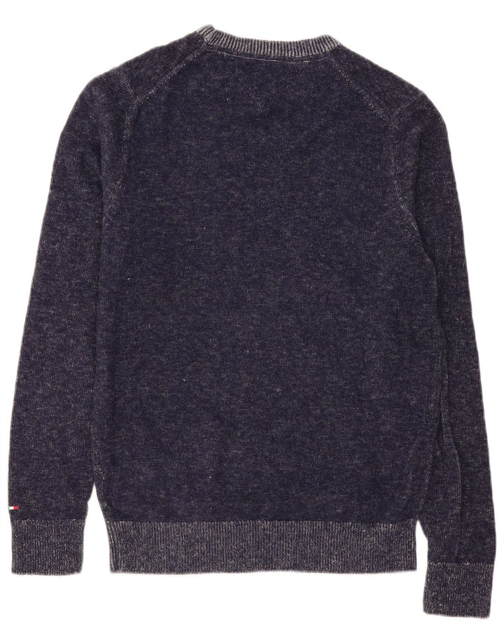 Męski sweter Tommy Hilfiger z graficznym wycięciem pod szyją, średni granatowy wełniany