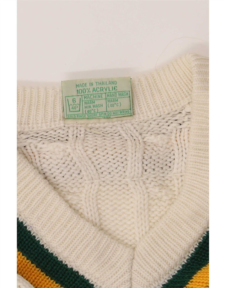 Vintage męski sweter z dekoltem w szpic, akryl w średnie białe paski