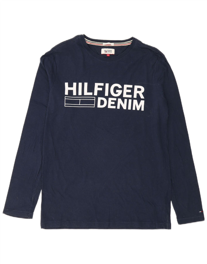 Męski top graficzny TOMMY HILFIGER z długim rękawem, duży, granatowy, bawełniany