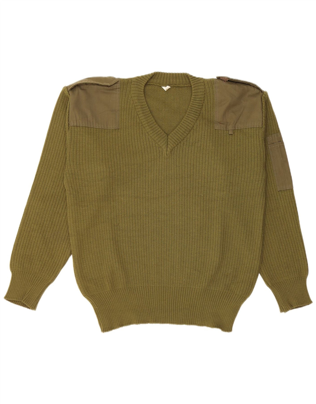 Vintage męski sweter wojskowy z dekoltem w kształcie litery V, średni khaki