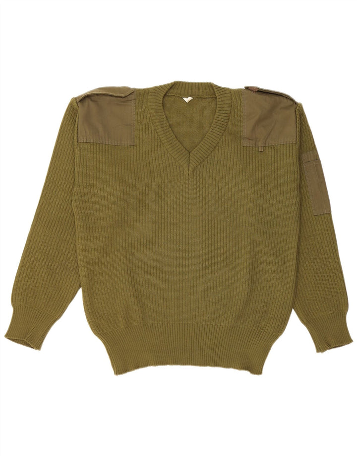 Vintage męski sweter wojskowy z dekoltem w kształcie litery V, średni khaki