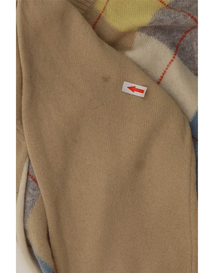Męski sweter z dekoltem w kształcie litery V, Benetton, duży, beżowy, argyle/diamentowa wełna