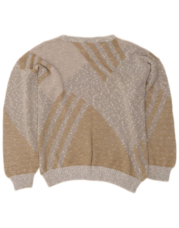 Vintage damski sweter z dekoltem w łódkę IT 50 XL, beżowa bawełna z blokami kolorów