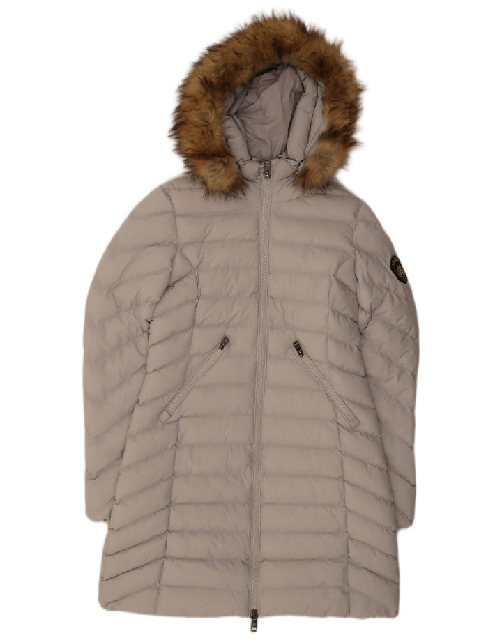 Damski ocieplany płaszcz z kapturem Superdry UK 10, mały, szary poliester